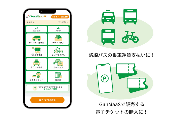 路線バスの乗車運賃支払いに！GunMaaSで販売する電子チケットの購入に！